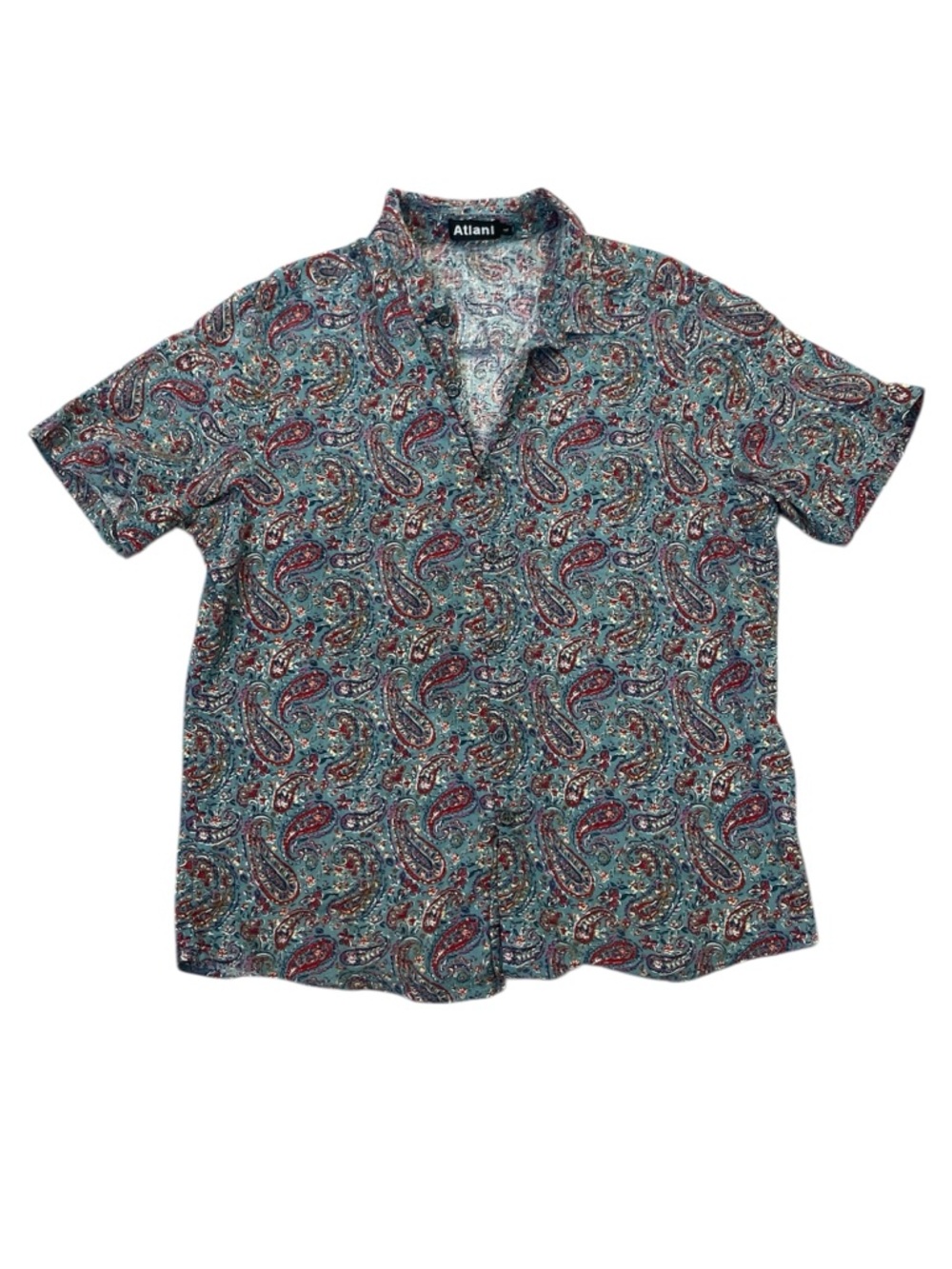 Atlanl Teal and Red Paisley Short-Sleeve Button-Up Shirt Size Large